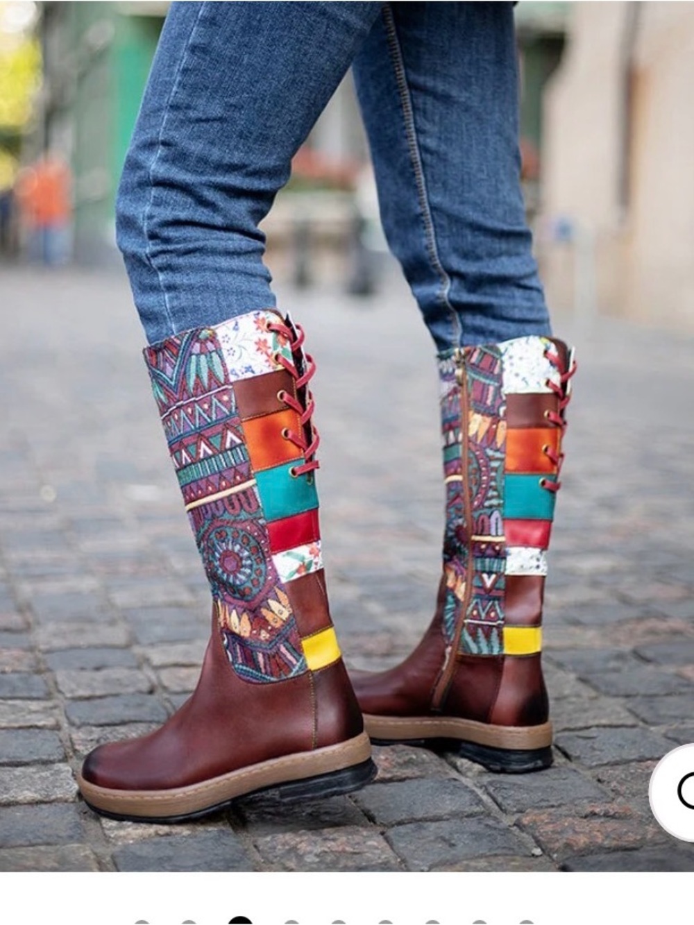 Multicolor Patchwork Lace-Up Knee Boots - Brown